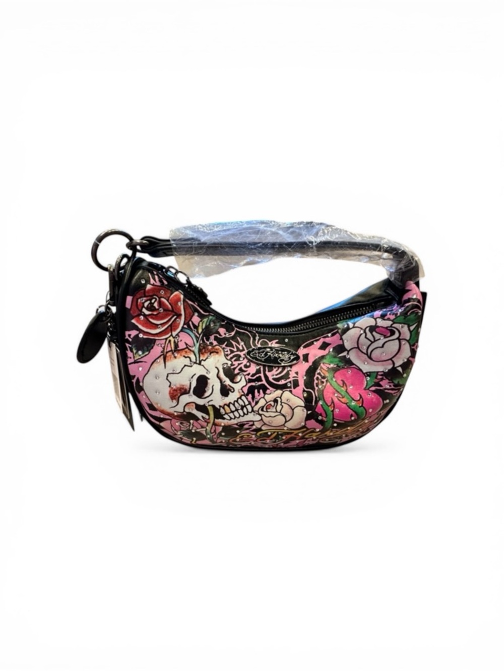 Ed Hardy Y2K Theme Pink Skull & Rose Shoulder Bag with Black Trim